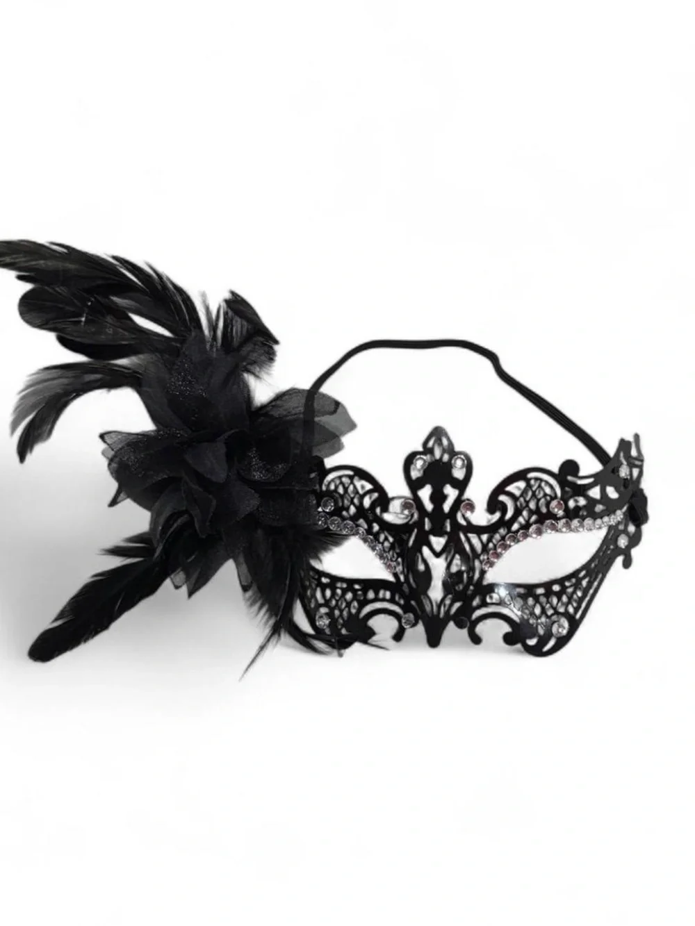 Elegant Black Feather Lace Masquerade Mask with Rhinestone Detail